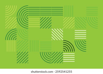 An abstract geometric artwork composed of structured green lines forming arcs, squares, and parallel patterns. The minimalist yet dynamic design evokes a sense of order, rhythm, and balance.