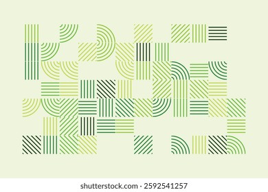 An abstract geometric artwork composed of structured green lines forming arcs, squares, and parallel patterns. The minimalist yet dynamic design evokes a sense of order, rhythm, and balance.