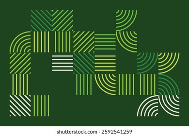 An abstract geometric artwork composed of structured green lines forming arcs, squares, and parallel patterns. The minimalist yet dynamic design evokes a sense of order, rhythm, and balance.