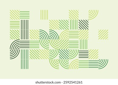 An abstract geometric artwork composed of structured green lines forming arcs, squares, and parallel patterns. The minimalist yet dynamic design evokes a sense of order, rhythm, and balance.