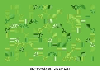 An abstract geometric artwork composed of structured green lines forming arcs, squares, and parallel patterns. The minimalist yet dynamic design evokes a sense of order, rhythm, and balance.