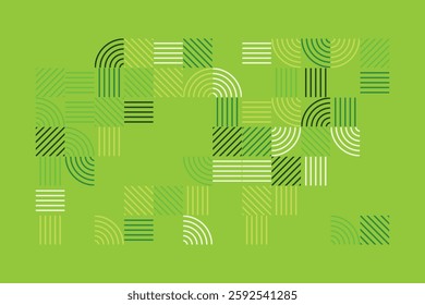 An abstract geometric artwork composed of structured green lines forming arcs, squares, and parallel patterns. The minimalist yet dynamic design evokes a sense of order, rhythm, and balance.