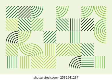 An abstract geometric artwork composed of structured green lines forming arcs, squares, and parallel patterns. The minimalist yet dynamic design evokes a sense of order, rhythm, and balance.