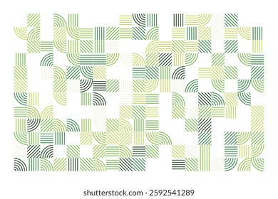 An abstract geometric artwork composed of structured green lines forming arcs, squares, and parallel patterns. The minimalist yet dynamic design evokes a sense of order, rhythm, and balance.