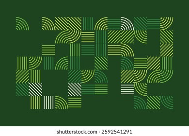 An abstract geometric artwork composed of structured green lines forming arcs, squares, and parallel patterns. The minimalist yet dynamic design evokes a sense of order, rhythm, and balance.