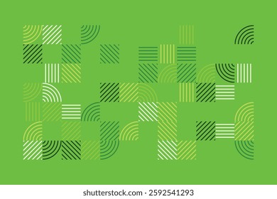 An abstract geometric artwork composed of structured green lines forming arcs, squares, and parallel patterns. The minimalist yet dynamic design evokes a sense of order, rhythm, and balance.