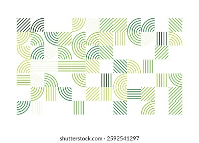 An abstract geometric artwork composed of structured green lines forming arcs, squares, and parallel patterns. The minimalist yet dynamic design evokes a sense of order, rhythm, and balance.