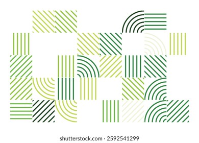 An abstract geometric artwork composed of structured green lines forming arcs, squares, and parallel patterns. The minimalist yet dynamic design evokes a sense of order, rhythm, and balance.