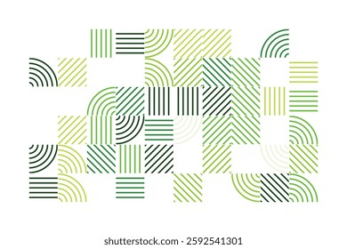 An abstract geometric artwork composed of structured green lines forming arcs, squares, and parallel patterns. The minimalist yet dynamic design evokes a sense of order, rhythm, and balance.