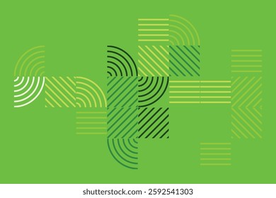 An abstract geometric artwork composed of structured green lines forming arcs, squares, and parallel patterns. The minimalist yet dynamic design evokes a sense of order, rhythm, and balance.