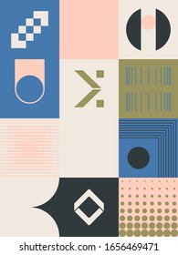 Abstract geometric artwork design with simple shapes and figures. Vertical pattern graphics with geometrical elements. Perfect for web banner, business presentation, branding package, fabric print.