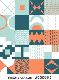 Abstract geometric artwork design with simple shapes and figures. Vertical pattern graphics with geometrical elements. Perfect for web banner, business presentation, branding package, fabric print.