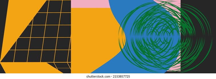 Abstract Geometric Artwork Design With Simple Shapes And Figures. horizontal Pattern Graphics With Geometrical Elements. Perfect For Web Banner, Business Presentation, Branding Package, Fabric Print.