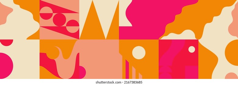 Abstract Geometric Artwork Design With Simple Shapes And Figures. horizontal Pattern Graphics With Geometrical Elements. Perfect For Web Banner, Business Presentation, Branding Package, Fabric Print.