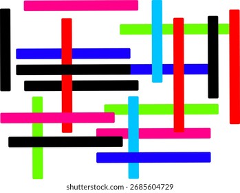 Obra de arte geométrica Abstractas con Vertical colorida y barras Horizontales en negro, rojo, azul, rosa, verde y cian. Modelo retro moderno para el diseño y la decoración.
