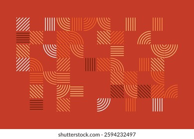 An abstract geometric artwork featuring intricate line patterns in warm earth tones. The design consists of curved and straight lines forming a visually engaging and harmonious composition.