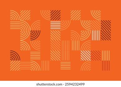 An abstract geometric artwork featuring intricate line patterns in warm earth tones. The design consists of curved and straight lines forming a visually engaging and harmonious composition.