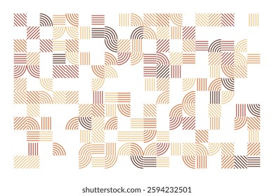 An abstract geometric artwork featuring intricate line patterns in warm earth tones. The design consists of curved and straight lines forming a visually engaging and harmonious composition.