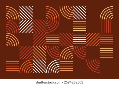 An abstract geometric artwork featuring intricate line patterns in warm earth tones. The design consists of curved and straight lines forming a visually engaging and harmonious composition.