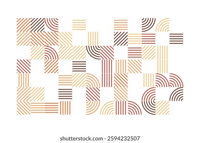 An abstract geometric artwork featuring intricate line patterns in warm earth tones. The design consists of curved and straight lines forming a visually engaging and harmonious composition.