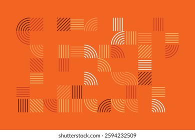 An abstract geometric artwork featuring intricate line patterns in warm earth tones. The design consists of curved and straight lines forming a visually engaging and harmonious composition.