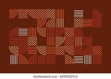 An abstract geometric artwork featuring intricate line patterns in warm earth tones. The design consists of curved and straight lines forming a visually engaging and harmonious composition.