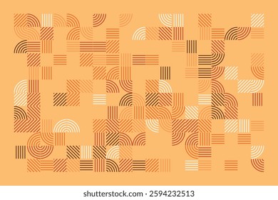 An abstract geometric artwork featuring intricate line patterns in warm earth tones. The design consists of curved and straight lines forming a visually engaging and harmonious composition.