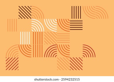 An abstract geometric artwork featuring intricate line patterns in warm earth tones. The design consists of curved and straight lines forming a visually engaging and harmonious composition.