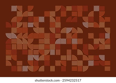 An abstract geometric artwork featuring intricate line patterns in warm earth tones. The design consists of curved and straight lines forming a visually engaging and harmonious composition.