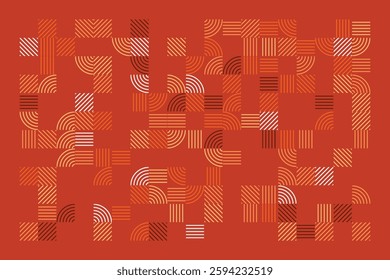 An abstract geometric artwork featuring intricate line patterns in warm earth tones. The design consists of curved and straight lines forming a visually engaging and harmonious composition.