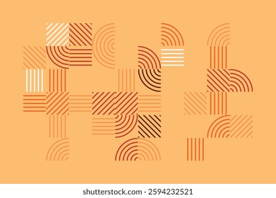 An abstract geometric artwork featuring intricate line patterns in warm earth tones. The design consists of curved and straight lines forming a visually engaging and harmonious composition.