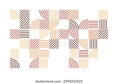 An abstract geometric artwork featuring intricate line patterns in warm earth tones. The design consists of curved and straight lines forming a visually engaging and harmonious composition.