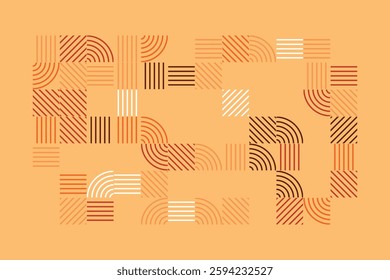 An abstract geometric artwork featuring intricate line patterns in warm earth tones. The design consists of curved and straight lines forming a visually engaging and harmonious composition.