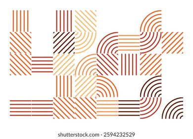 An abstract geometric artwork featuring intricate line patterns in warm earth tones. The design consists of curved and straight lines forming a visually engaging and harmonious composition.