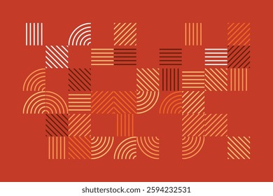 An abstract geometric artwork featuring intricate line patterns in warm earth tones. The design consists of curved and straight lines forming a visually engaging and harmonious composition.