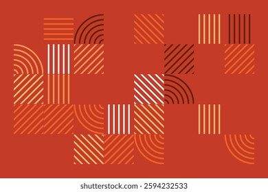 An abstract geometric artwork featuring intricate line patterns in warm earth tones. The design consists of curved and straight lines forming a visually engaging and harmonious composition.