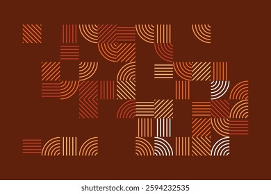 An abstract geometric artwork featuring intricate line patterns in warm earth tones. The design consists of curved and straight lines forming a visually engaging and harmonious composition.