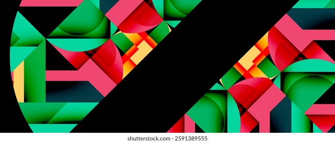 Abstract geometric artwork with interwoven angular and curved shapes, dynamic composition with smooth gradients and bold contrasts