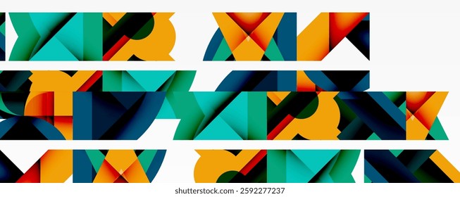 Abstract geometric artwork with interwoven angular and curved shapes, dynamic composition with smooth gradients and bold contrasts