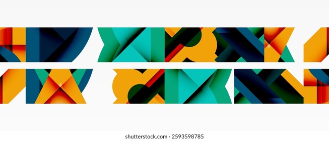 Abstract geometric artwork with interwoven angular and curved shapes, dynamic composition with smooth gradients and bold contrasts