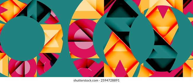 Abstract geometric artwork with interwoven angular and curved shapes, dynamic composition with smooth gradients and bold contrasts