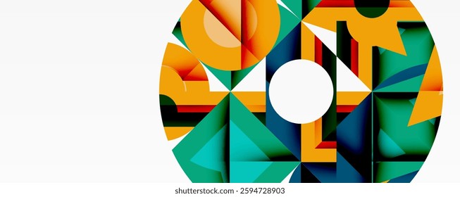 Abstract geometric artwork with interwoven angular and curved shapes, dynamic composition with smooth gradients and bold contrasts