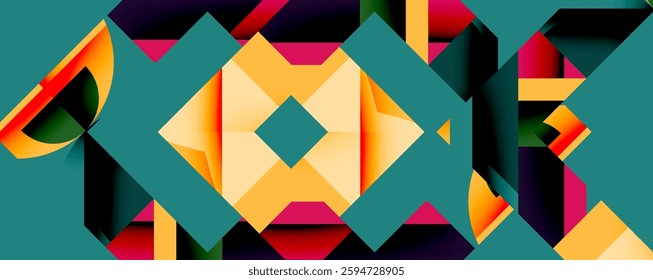 Abstract geometric artwork with interwoven angular and curved shapes, dynamic composition with smooth gradients and bold contrasts