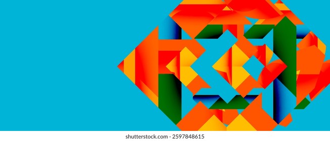 Abstract geometric artwork with interwoven angular and curved shapes, dynamic composition with smooth gradients and bold contrasts