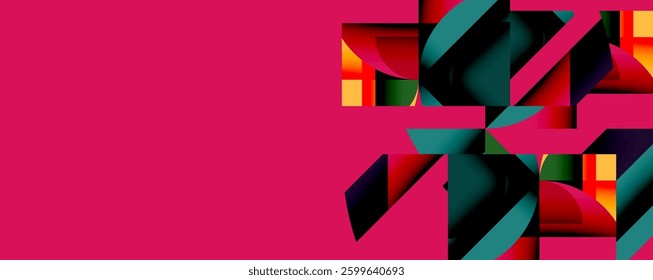 Abstract geometric artwork with interwoven angular and curved shapes, dynamic composition with smooth gradients and bold contrasts