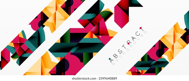 Abstract geometric artwork with interwoven angular and curved shapes, dynamic composition with smooth gradients and bold contrasts