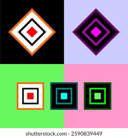 Abstract geometric artwork with layered squares and diamonds in bold, contrasting colors. A modern, minimalist digital composition with a dynamic visual effect.