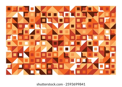 An abstract geometric artwork with orange, white, and brown squares and triangles. The structured composition creates depth and contrast, forming a dynamic and visually captivating pattern.