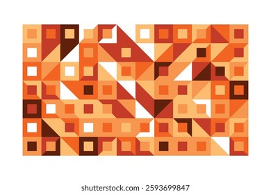 An abstract geometric artwork with orange, white, and brown squares and triangles. The structured composition creates depth and contrast, forming a dynamic and visually captivating pattern.