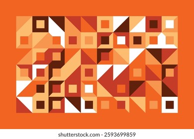 An abstract geometric artwork with orange, white, and brown squares and triangles. The structured composition creates depth and contrast, forming a dynamic and visually captivating pattern.